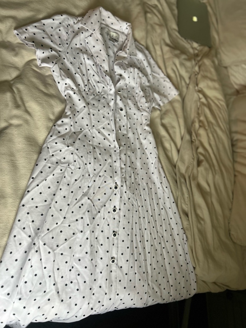 White Polka Dot Button-Front Midi Dress